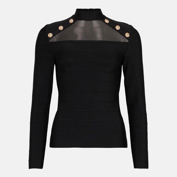 Karen Millen Bandage Knit Military Trim And Mesh Top Black L - Picture 2 of 8